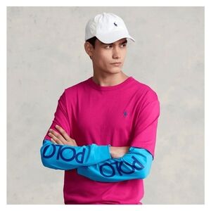 Polo Ralp Lauren Long Sleeve Multi Classic Fit Blue Pink Tee Size Large